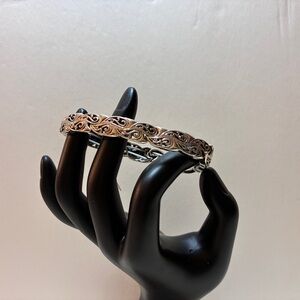 Vintage Silver Tone Scroll Filigree Stretch Bangle Bracelet Ornate Etched Design